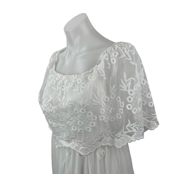 Womens White Embroidered Sheer Mesh Tiered Half Sleeve A Line Maxi Dress Size S - Image 3