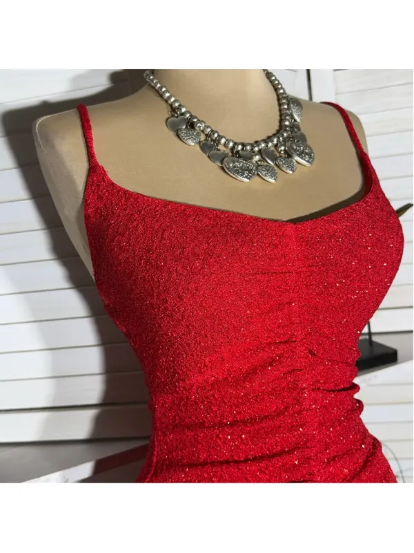 Shiny sparkle red dress ruched midi bodycon padded bra cocktail homecoming NWOT - Image 5