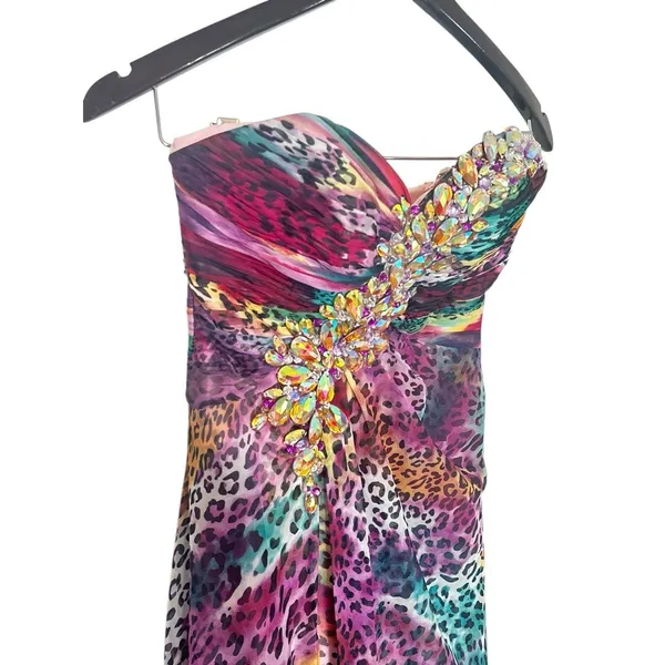 Tony Bowls Purple Watercolor Leopard‎ Print Prom Dress Strapless Formal Gown 2 - Image 3