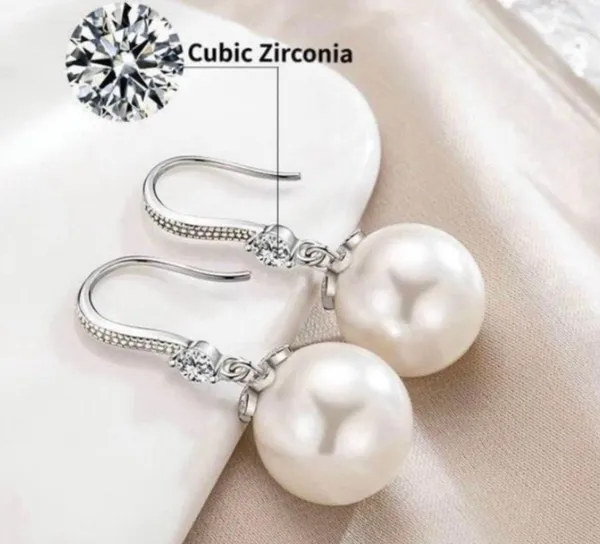 925 Silver Plated White Pearl Dangle Drop Earrings for Women - Image 2