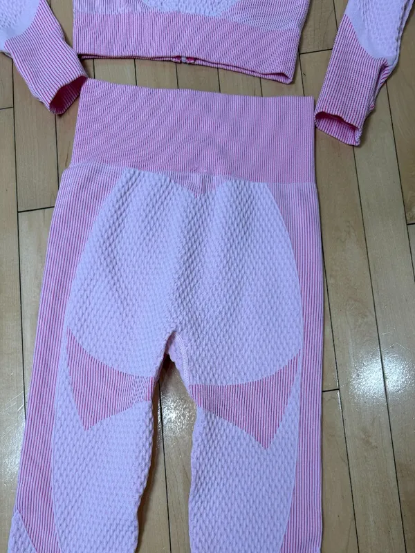 Pink Two Piece Work Out Athleisure Set Seamless Ribbed High Waist Size Large - Image 5