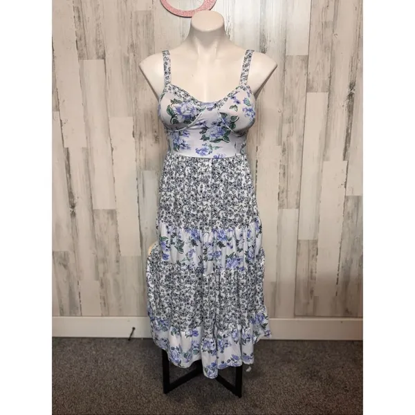 Almost Famous Blue Floral Tiered Midi Dress Women’s Small – Cottagecore Summer D - Image 2