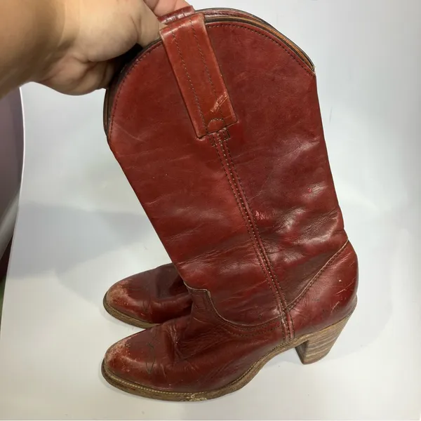 Vintage Frye red leather pull on‎ cowboy boots western women's size 6.5 boho - Image 4