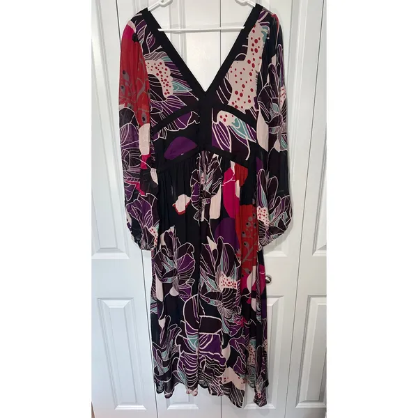 Anthropologie Let Me Be Floral Midi Dress XL Black Floral V-Neck Long Sleeve - Image 3