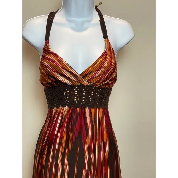 Heart Soul Abstract Racerback Maxi Dress Size M Neutral Bead Detail - Image 2
