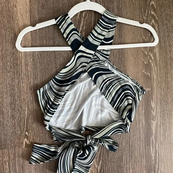 Y2K Marble Swirl Halter Crop Top Open Back Tie Neck Sleeveless Abstract Print S - Image 4