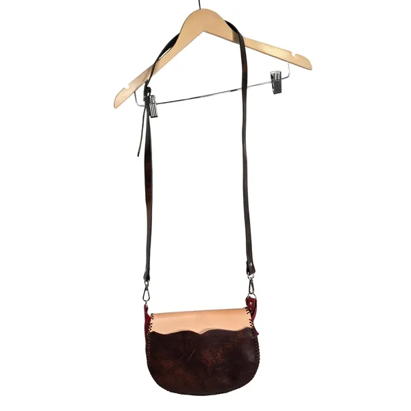 Handcrafted Tooled Leather Feather‎ Crossbody Bag Red Tan Whipstitch Boho Purse - Image 2
