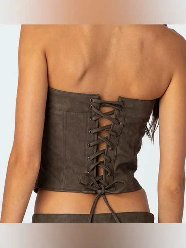Cider Brown Faux-Leather Lace up Zipper Corset NWT - Image 6