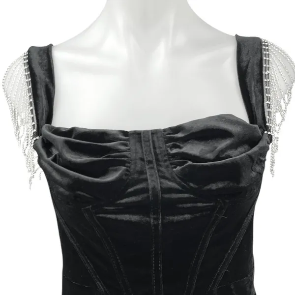NEW JJ's House Black Velour Velvet Jeweled Fringe Holiday Mini Bodycon Dress L - Image 11