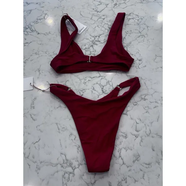 NWT Quince Cherry Red Italian Plunge Bikini Top & Ring High Leg Bottoms Set XS - Image 2