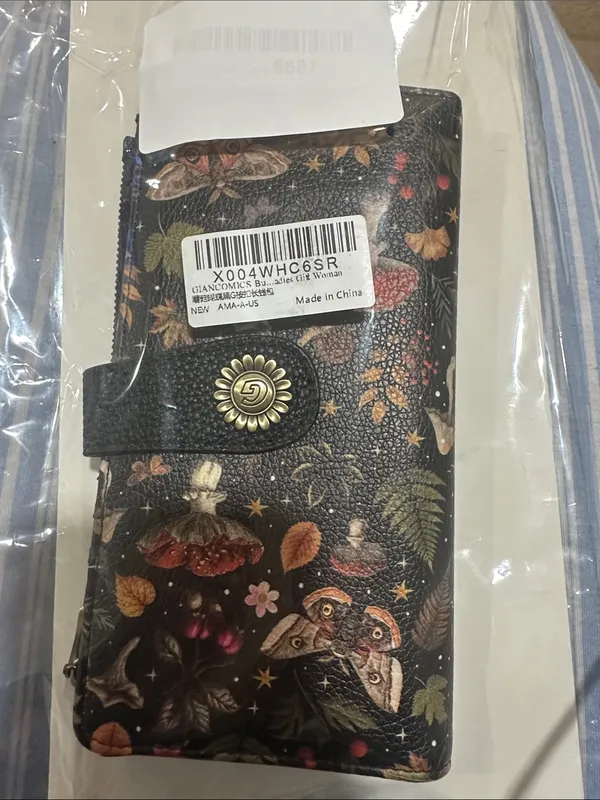 Floral Mushroom Black Leather Phone Wallet with Snap Closure - Image 3