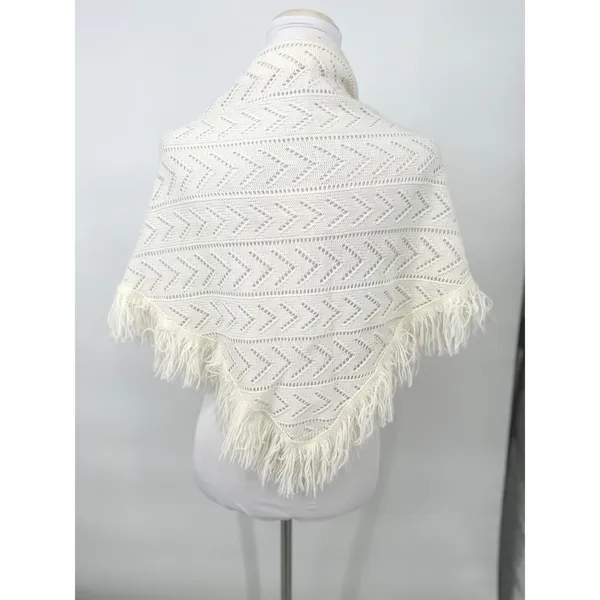 Vintage Shawl Wrap Women OS Ivory Pointelle Knit Fringe Crochet Boho Grannycore - Image 4