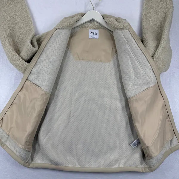 ZARA Sherpa Fleece Jacket Beige Full Zip Pockets Mock Neck Women's M‎ - Image 5
