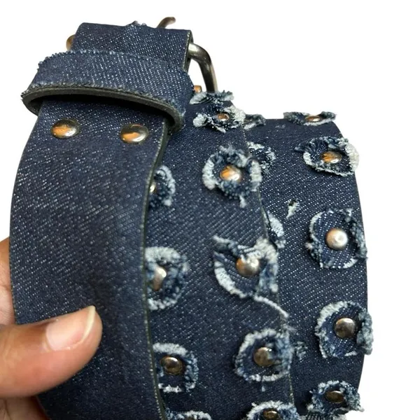 Denim Belt Y2K Distressed Studded 90s Indie Sleaze Western Jean Buckle Bunny 43" - Image 2