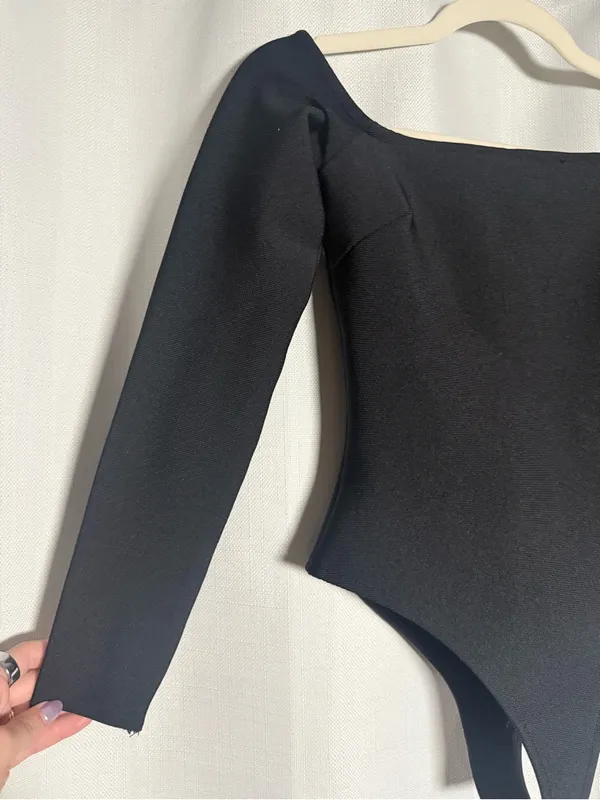 Karen Millen Body Contouring Black Long Sleeve Bardot Knit Thong Bodysuit XS - Image 8