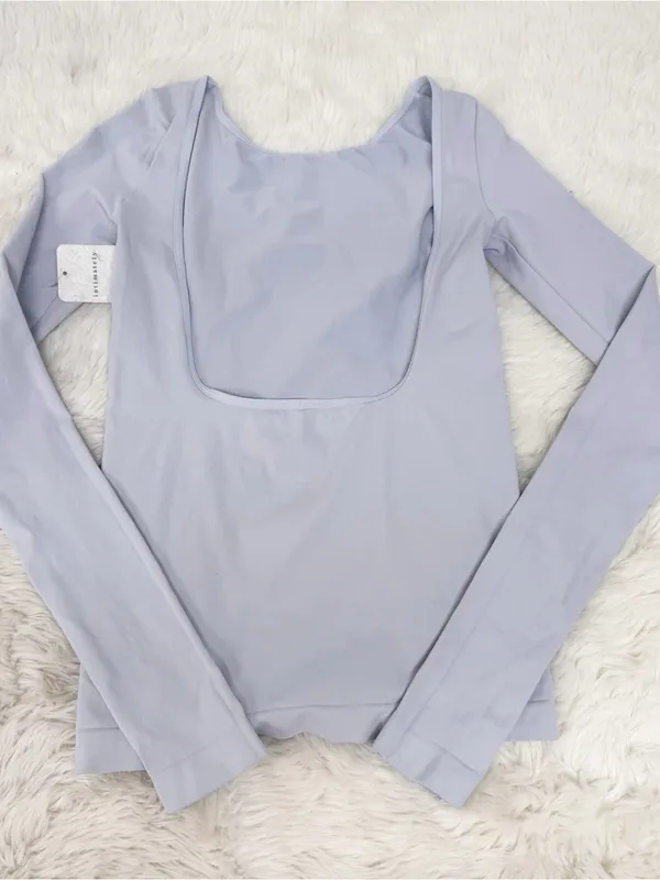 FREE PEOPLE low Back Long Sleeve‎ Tee Top Medium Large Gray Seamless Balletcore - Image 4