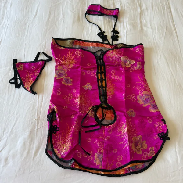 Hot Pink Satin Brocade Halter Top ✧ Chinese Cheongsam Style Lingerie Set ✧ Open Back Lace-Up ✧ XL ✧ Y2K Festival Top + Thong - Image 4