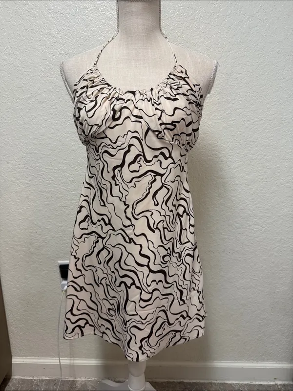 Abercrombie & Fitch Cream Halter Dress with Dark Brown Abstract Swirl - Small - Image 8