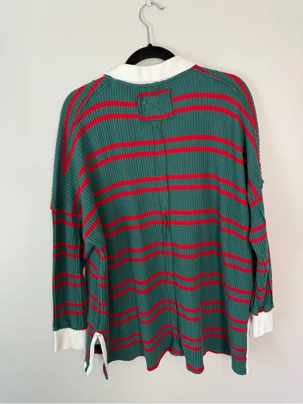 Free People Travis Polo Tee Striped Forest NWT Small - Image 4