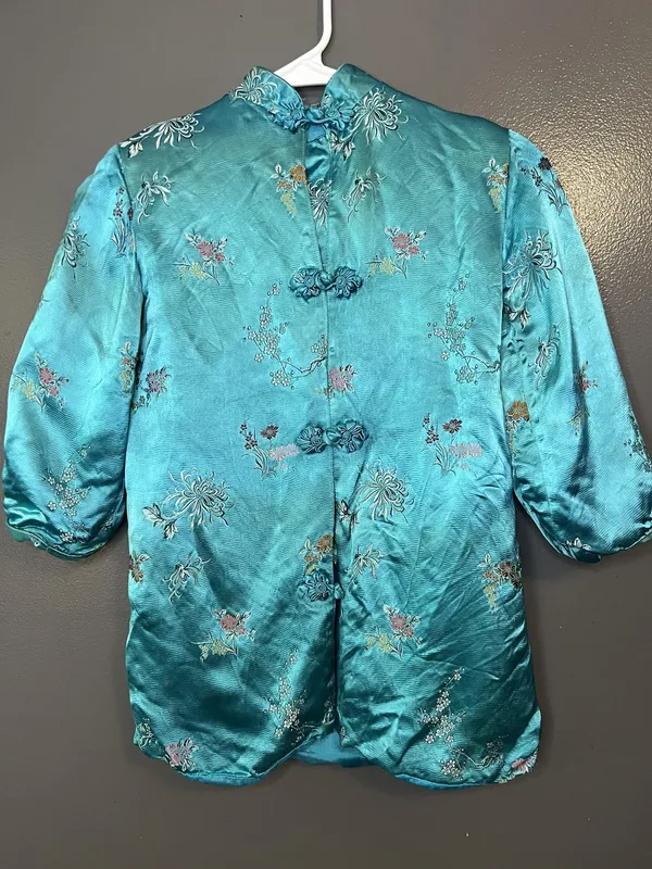 Vintage Great Lion Jacket Womens XS Teal Silk Embroidered Mandarin Hong Kong 60s - Image 2