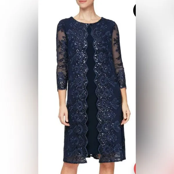 Alex Evenings Navy Sequin Lace‎ Jacket Dress Set 6 NWT Wedding Party Formal - Image 2