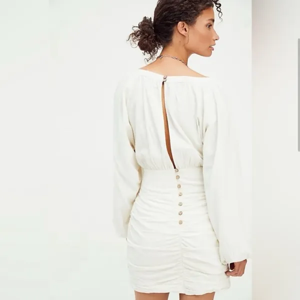 Free People Mini Dress XS Cream Gauzy‎ Boho Peasant Ruched Buttons Neutral NWT - Image 4