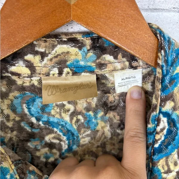 Vintage Wrangler Brown and Teal Paisley Floral Lace Bell Sleeve Blouse - Image 3