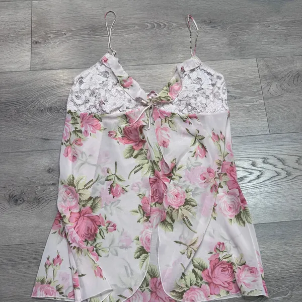 Y2K Victoria's Secret Pink Floral Rose Lace Babydoll Tank Sleepwear Medium 2002‎ - Image 2