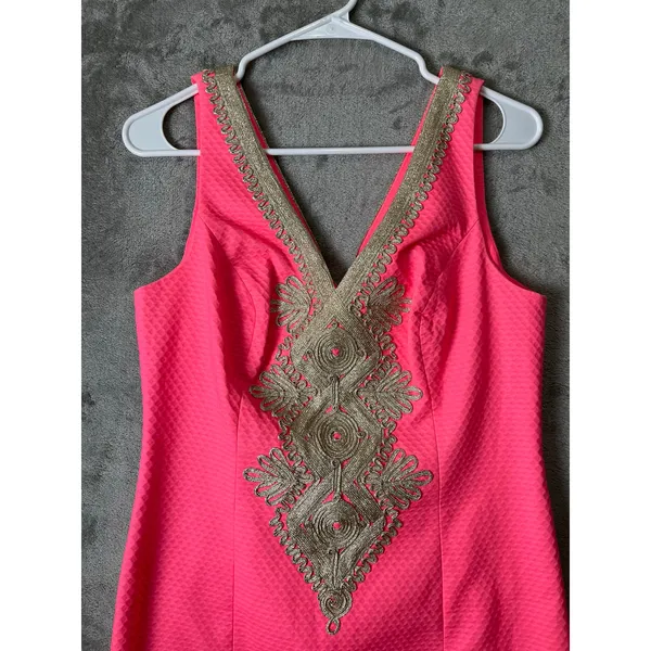 Lilly Pulitzer Junie Shift Dress Coral‎ Reef Pink & Gold Size 4 Cotton - Image 2