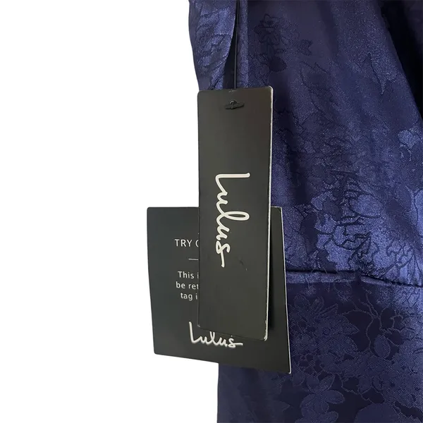 NWT Lulus Sleek Sensation Navy Blue Jacquard Floral Satin Jumpsuit Size Medium - Image 6