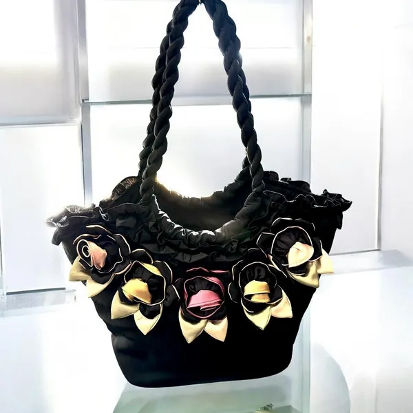 Pashmina Fabric Handbag‎ Embellished with Fabric Flowers and Ruffled Trim - Image 3