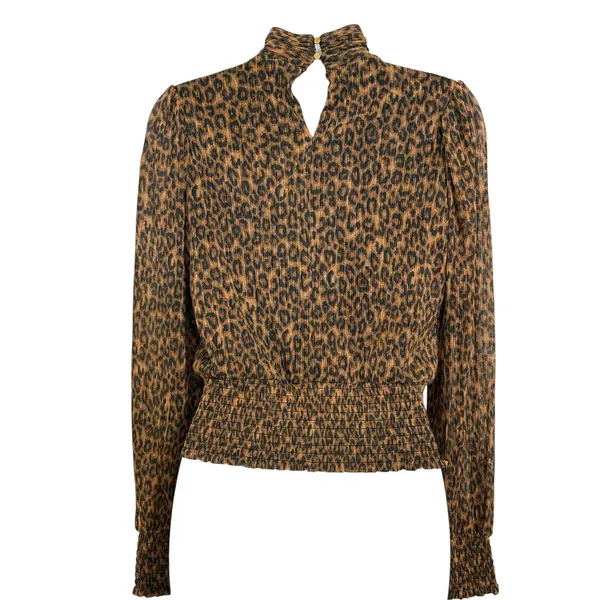 BAILEY‎ 44 Leopard Print Mock Neck Metallic Pleated Black Brown Blouse EUC XS - Image 6
