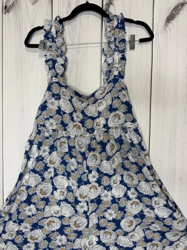 KORI Floral Maxi Jumpsuit Blue White Sleeveless Sz L Ruffle Straps Back Sash Tie - Image 2