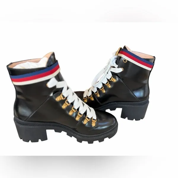 Gucci Sylvie Web Lace Up Combat Boot size 38 - Image 6