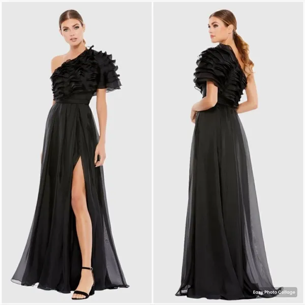 MAC DUGGAL Size 2 Black Ruffle Layered One Shoulder Gown Dress Maxi Formal - Image 2