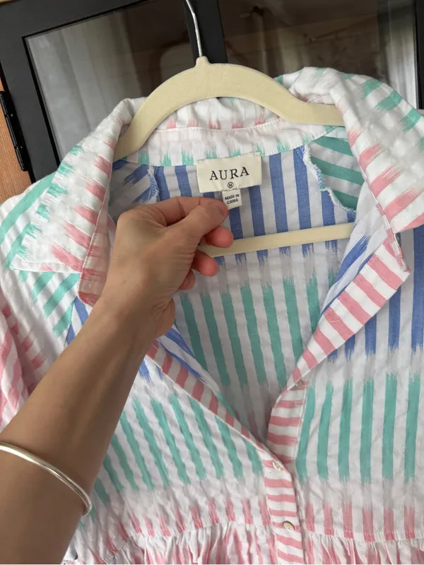 AURA Striped pastel babydoll shirt dress mini button down pockets collar short - Image 2