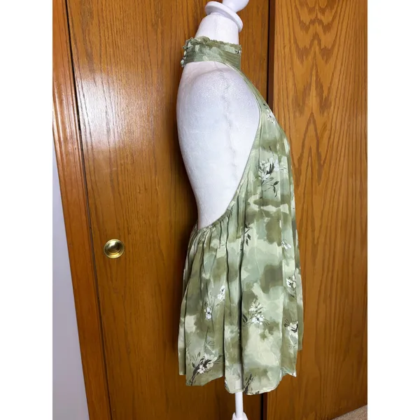 Anthropologie Sage Green Abstract Floral High Neck Open Back Halter Top Size M - Image 5