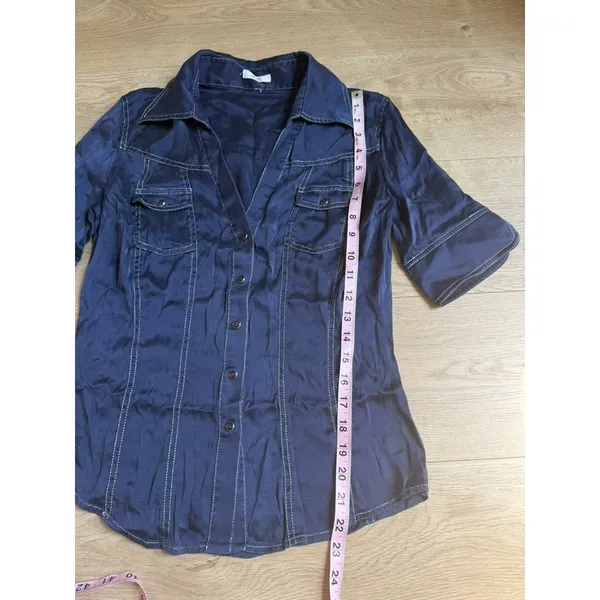 EUC Cache short sleeve pearl snap blue button up pockets western SILK size S VTG - Image 5