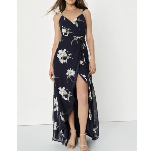 Lulus All Mine Navy Blue Floral Print High-Low‎ Wrap Dress SMALL - Image 2