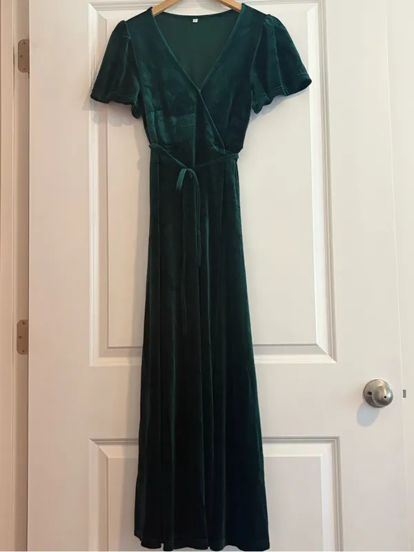 Velvet Wrap Maxi Dress in Emerald Green with Side Slit - Image 3