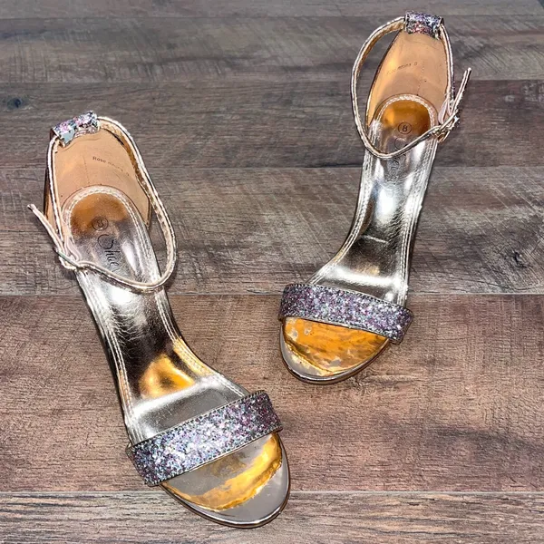 Rose Gold Glitter Strappy Block Heels Pink Size 8 - Image 4