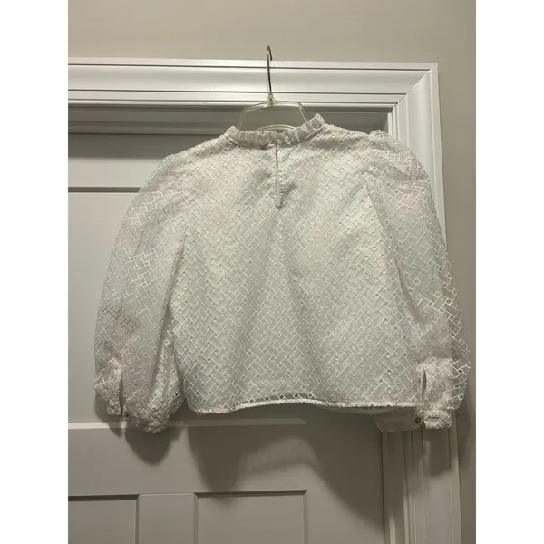 Zara White High Neck Blouse with Layer Embroidered Puff 3/4 Sleeves Size Medium - Image 6