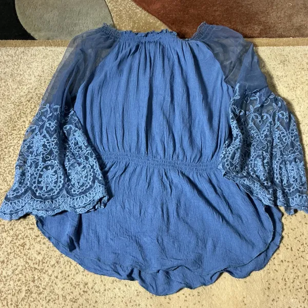 Sundance Womens Cottagecore Embroidered Mesh Bell Sleeve Smocked Peplum Blouse L - Image 7