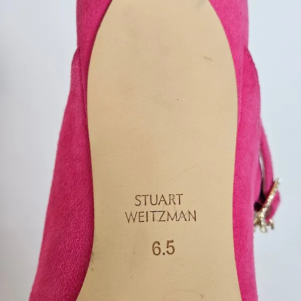 Stuart Weitzman Dazzle 75 Mule Pink Suede Crystal Buckle Mary‎ Jane Heels 6.5 - Image 5