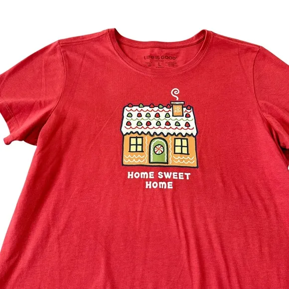 Life is Good Womens Crusher Tee Red Gingerbread‎ House Home Sweet Home Shirt - Image 2