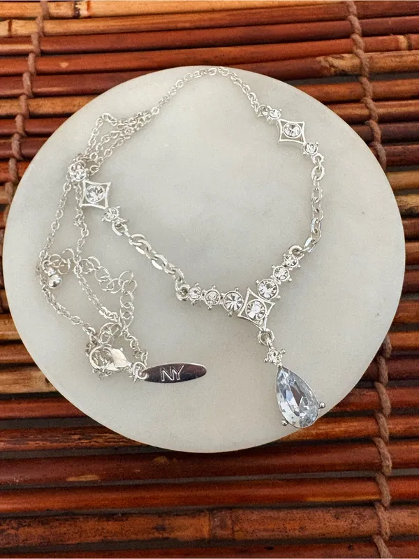 New York & Company Silver Teardrop Crystal Pendant Necklace 18”-21” - Image 7