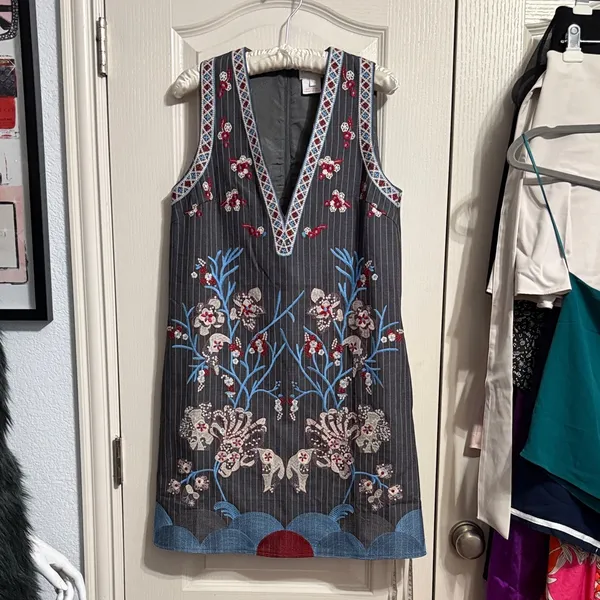 Foxiedox Anthropologie Yumiko‎ Pinstripe Floral Embroidered Dress Boho Retro - Image 2