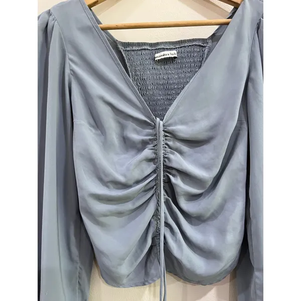 Abercrombie Ruched Front‎ Long Sleeve Coquette Blouse Blue Size XS Y2K - Image 3