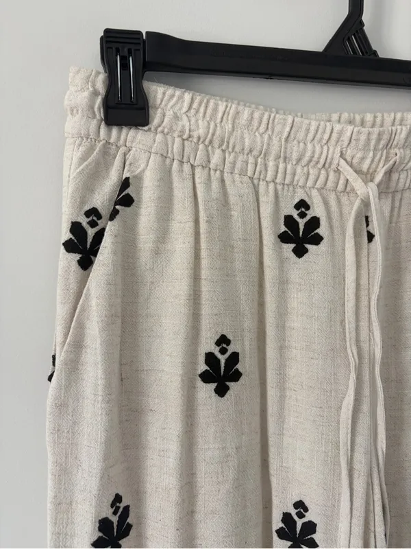 Zara Off White Black Linen Blend Geometric Boho French Countryside Casual Pants - Image 2