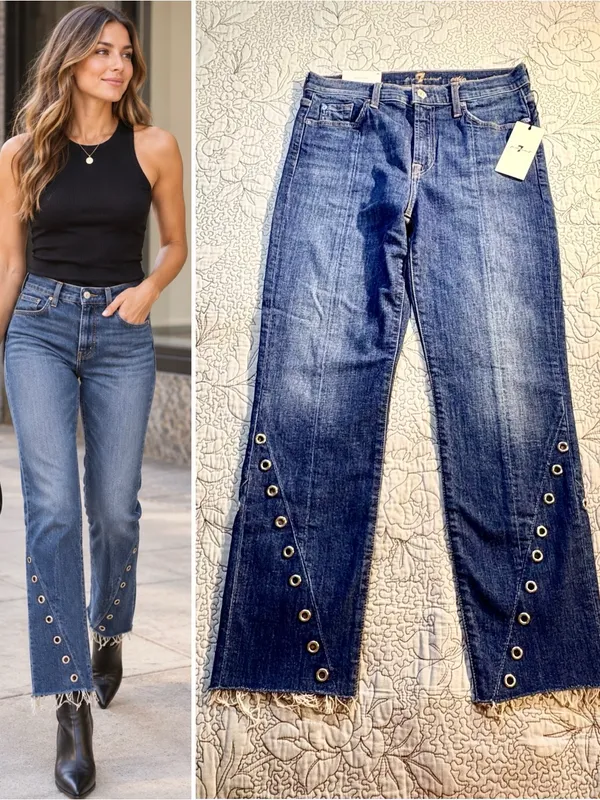 💥NWT 7 For All Mankind Edie High Rise Crop Straight Jeans Grommet Raw Hem~29🧡 - Image 2